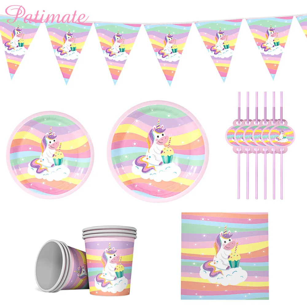 Одноразовые столовые тарелки PATIMATE Unicorn одноразовые бумажные соломинки салфетки