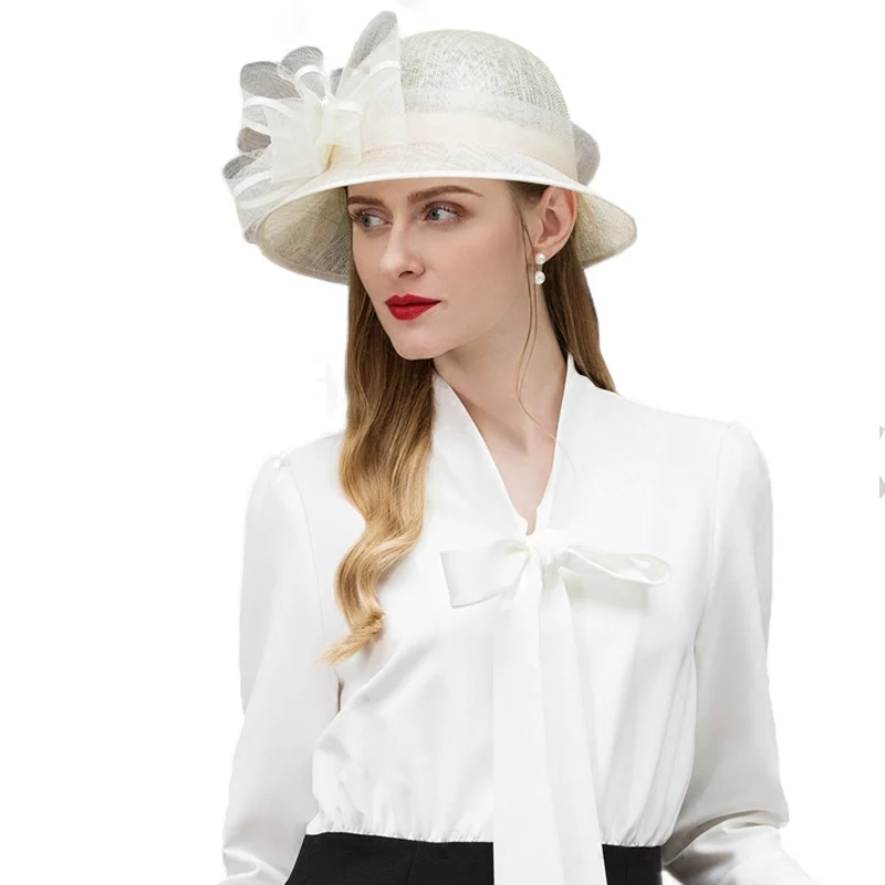 Elegant White Black Pink Sinamay Womens Hats Wide Brim Linen Wedding Summer Ladies Bowknot Chapeau Fedora Kentucky Derby Hat
