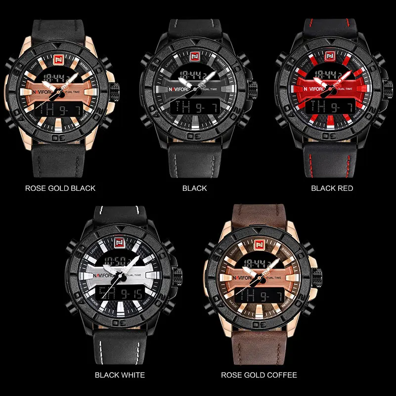 NAVIFORCE бренд часы для мужчин спортивные цифровые Человек Кожаный ремешок