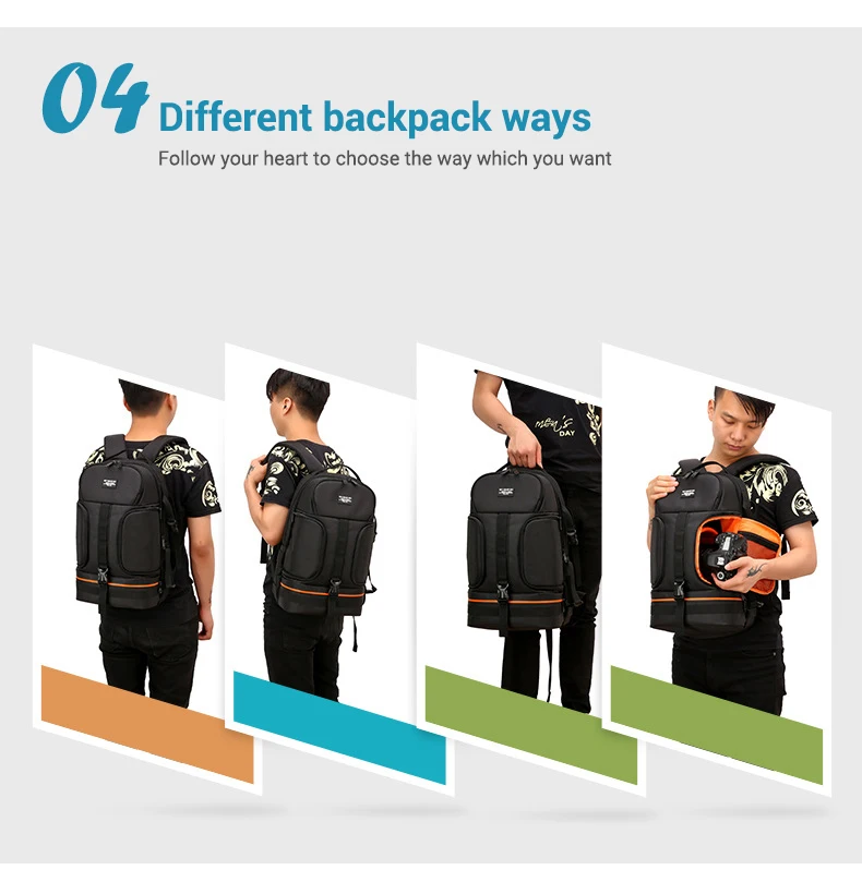 OBAFU DSLR Waterproof Shockproof Shoulders Camera Backpack Tripod Case Reflector Stripe fit Laptop Bag for Canon Nikon Sony