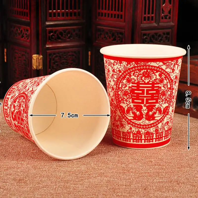 

New 50 Piece Disposable Tableware Wedding Decor Cup Red Bride and Groom Happy Double Cup Paper