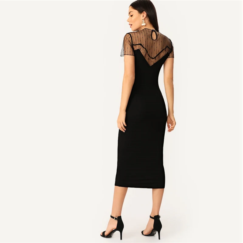 SHEIN черное Полосатое Сетчатое платье-карандаш с хомутом, прямое однотонное платье, женское Повседневное платье, летнее женское облегающее платье со стоячим воротником