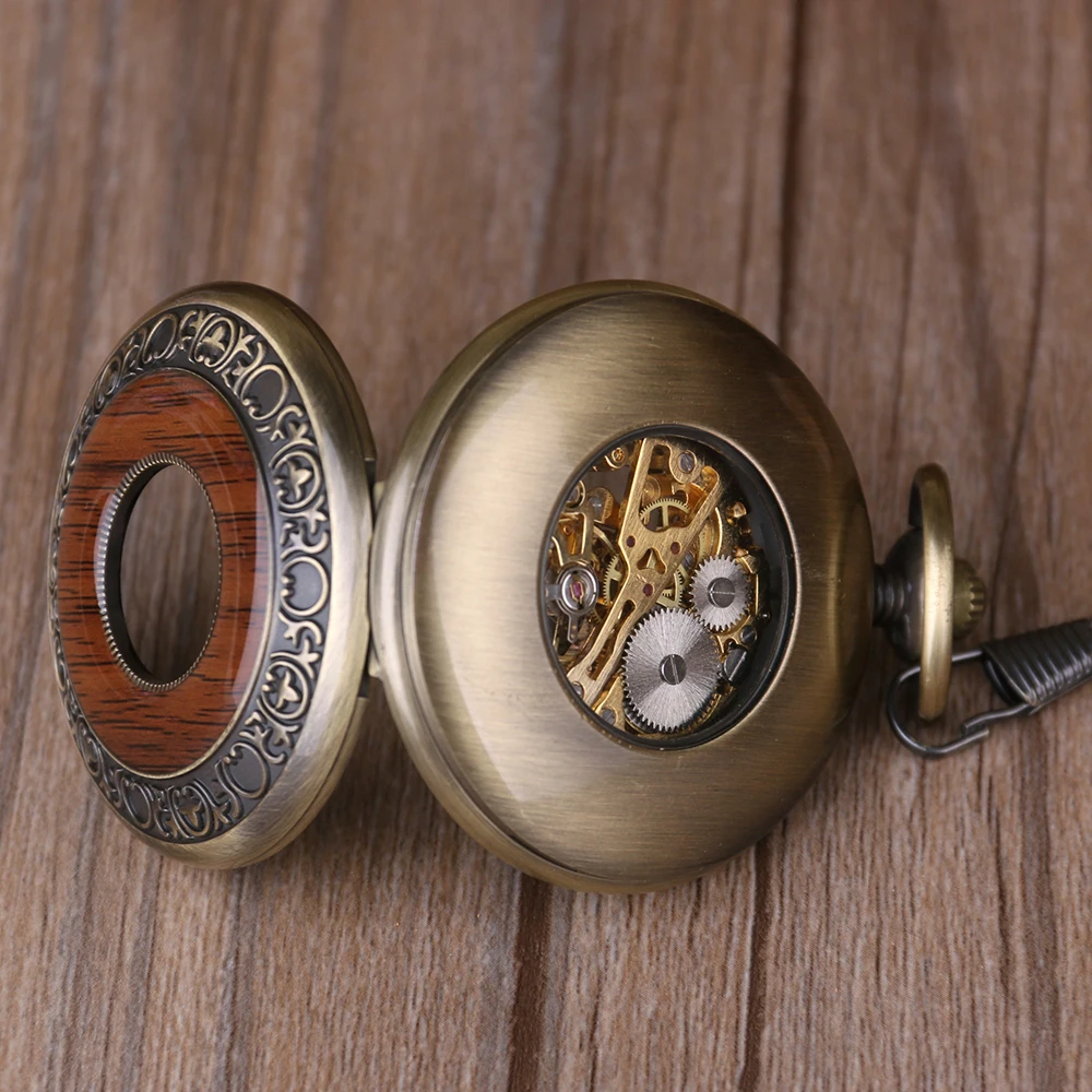 Wood Skeleton Handicraft Vintage Gentleman Mechanical Pocket Watch Antique Steampunk Mens Pendant Accessory Clock Gift