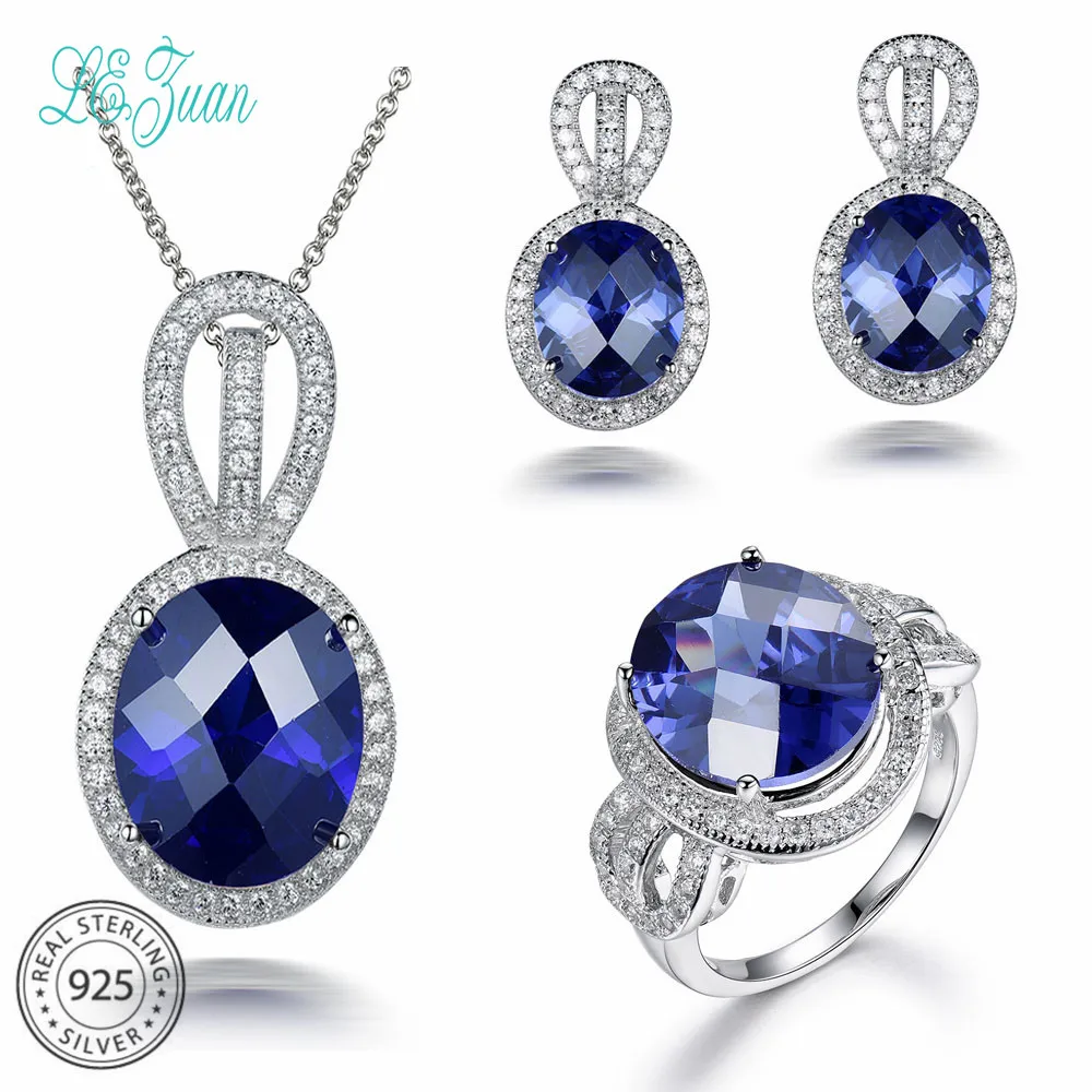 L&ampzuan Oval Sapphire Jewelry Sets for Women Blue Gemstone 925 Sterling Silver Pendant Earrings Set Wedding Party Ring | Украшения и
