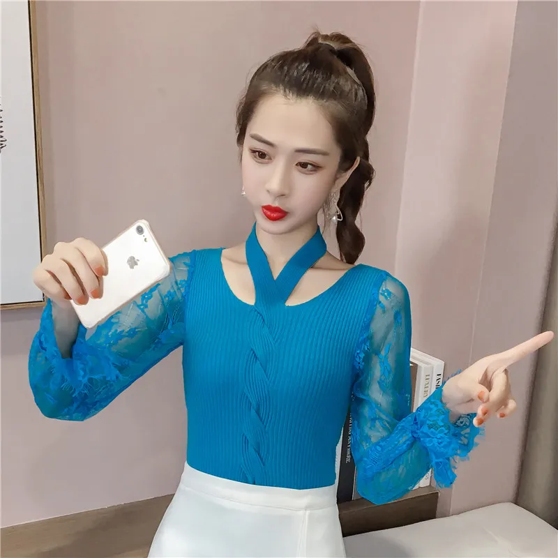 fashion womens sweaters 2019 spring flare Long Sleeve pullovers women sweater sexy hollow Lace v collar Knitted 2550 50 | Женская одежда