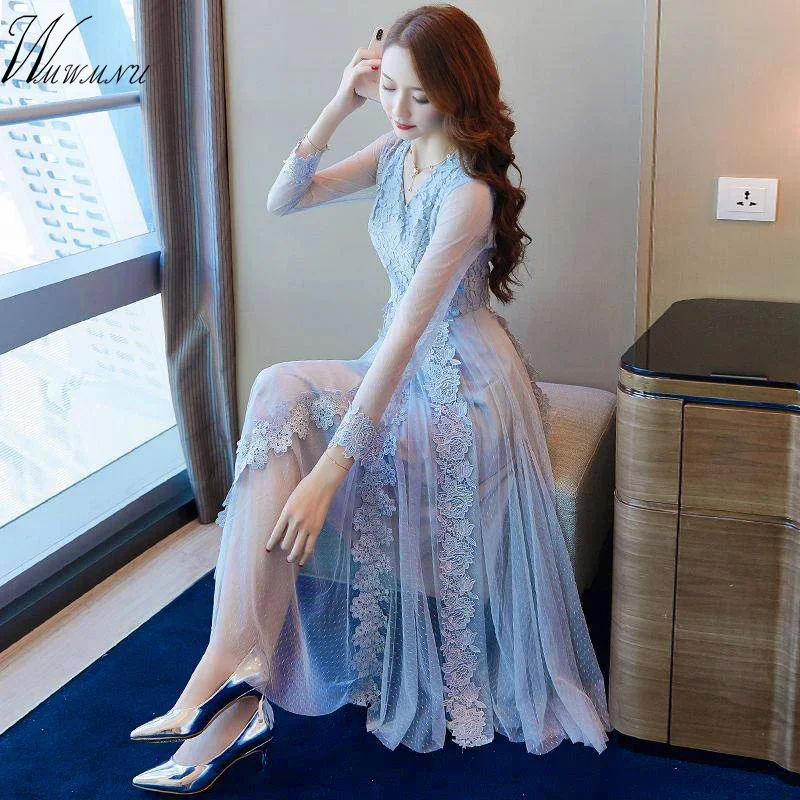 Женское винтажное вечернее платье Макси Вечерние синее кружевное в готическом