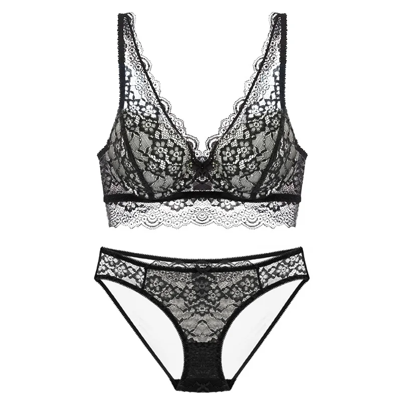 Сексуальный кружевной ультратонкий прозрачный комплект с бюстгальтером пуш-ап