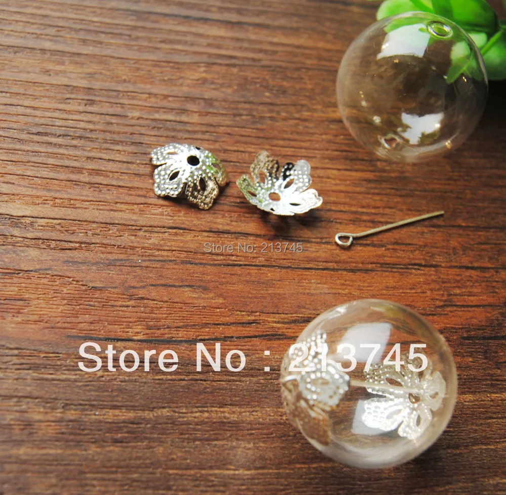 

NEW Glass Bubble 20mm Glass Global Vial with Two Hole on Each Side&Flower Beads Cap&Eye Pin DIY Glass Cover Vial Pendant Jewelry