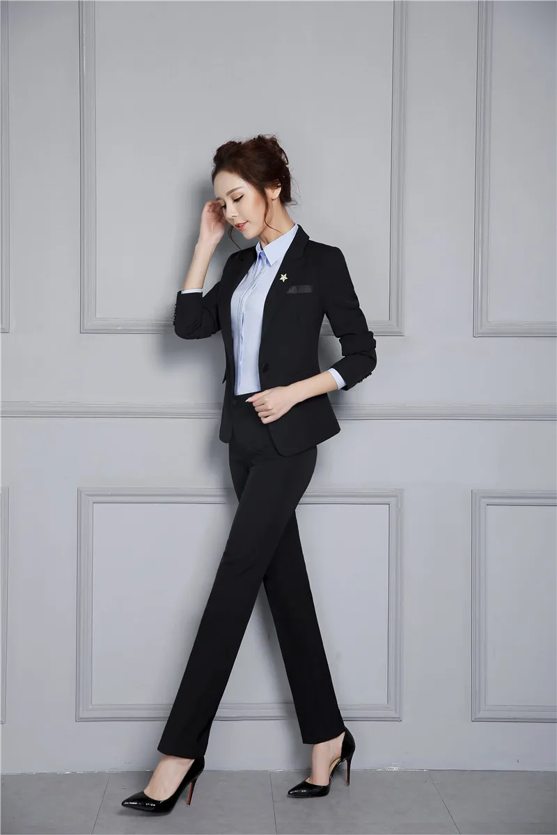 Новинка черные формальные брючные костюмы с курткой и брюками Осень зима