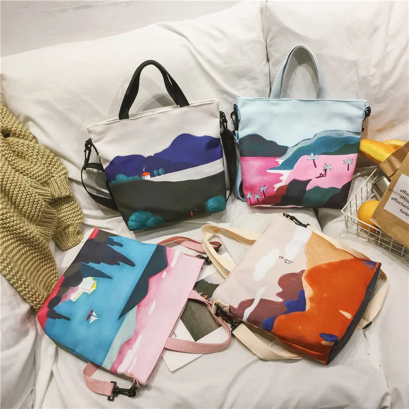 MENGHUO 2019 женская сумка-тоут повседневная с пейзажным принтом Холщовая Сумка на