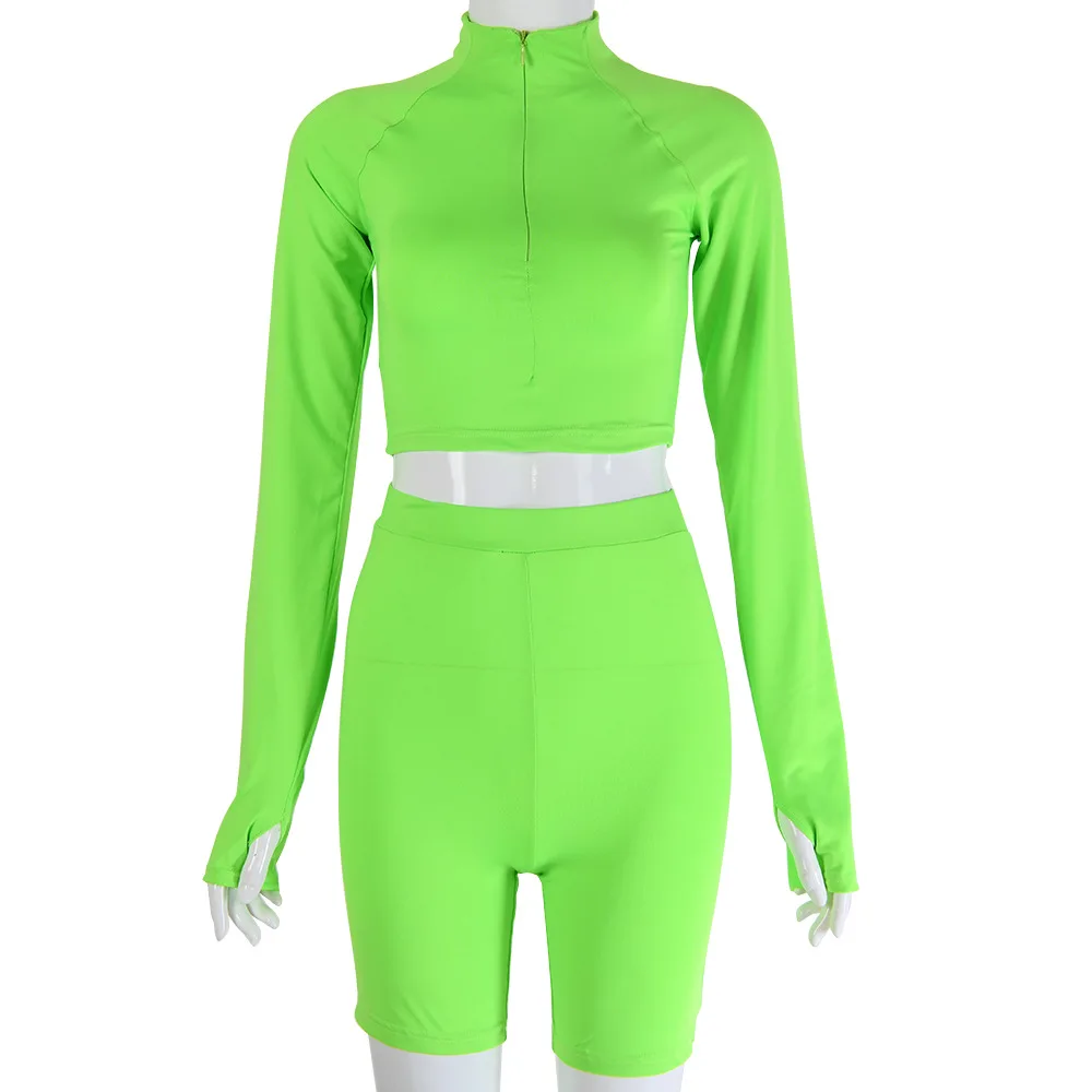 Новые летние флуоресцентный зеленый для женщин комплекты укороченные топы и
