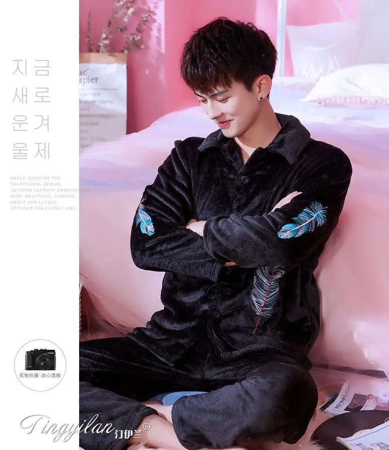Pijama Masculino, Мужская пижама с вышивкой, зимняя теплая фланель, коралл, флисовая Пижама для мужчин, одежда для сна, Ночная одежда - Цвет: 024