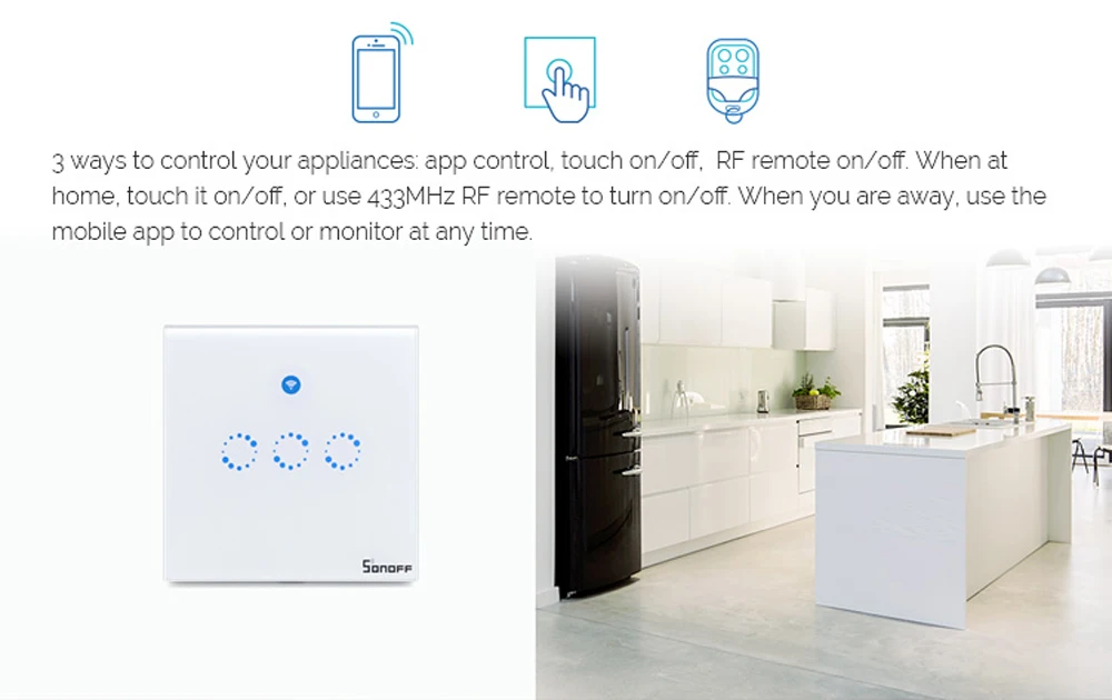 Sonoff T1 UK умный Wifi настенный сенсорный переключатель 1 2 3 банда стеклянная панель настенный светильник переключатель 433 RF Ewelink Поддержка приложения Alex Google Home