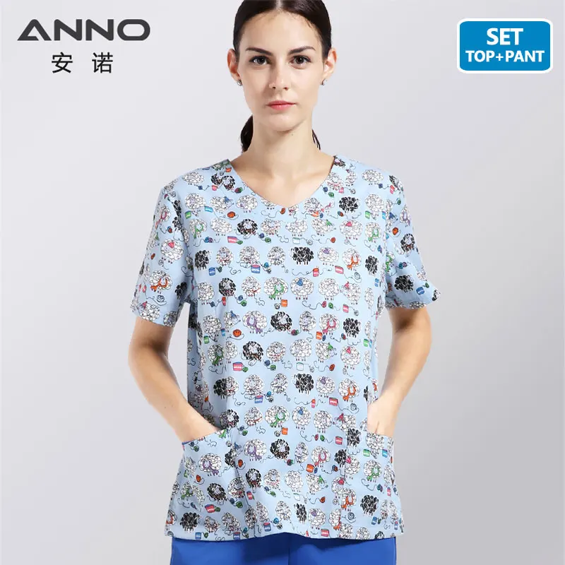 16SS052MiYangYan-Set ANNO, медицинская одежда с героями мультфильмов, о-образный вырез, наборы для ухода, униформа для ухода за телом, одежда для стоматолога, клиническая форма для женщин - Цвет: 16SS052MiYangYan-Set
