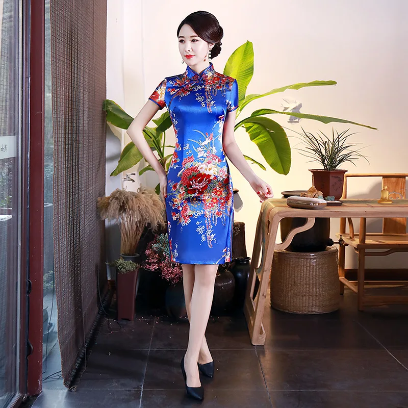 Новое поступление синий китайский женский Шелковый rayou Холтер Cheongsam Мини Qipao платье Peafowl Размер s m l xl XXL D0027