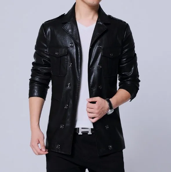 China Style Mens Double Breasted Faux Leather Jacket Men Turn Down Collar Pu Coat Slim Outerwear Many Pocket 4XL 5XL | Мужская одежда