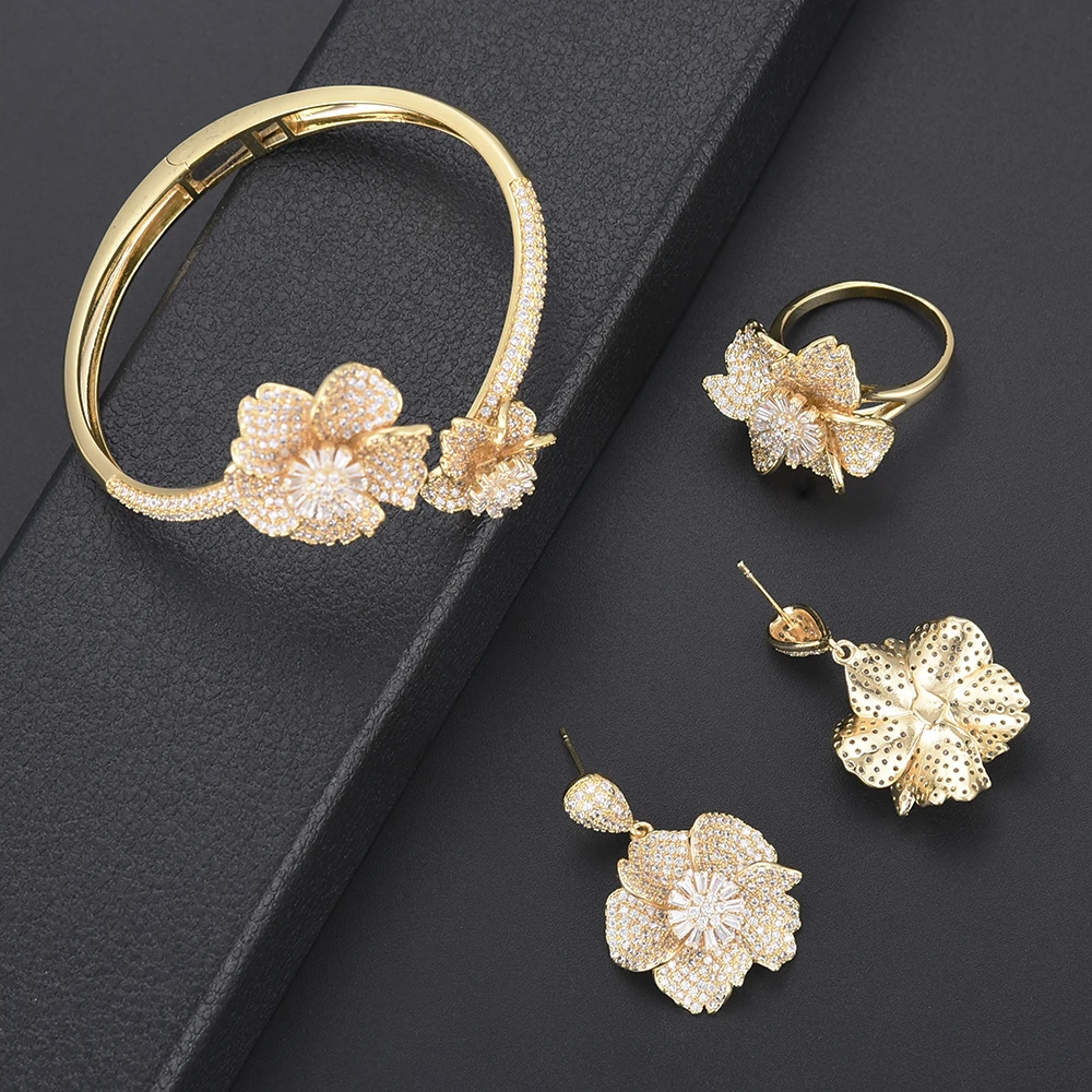 

SisCathy Top Quality Trendy Jewelry Making Luxury Cubic Zirconia Fashion Color Flower Jewelry Sets Bangle Earrings Necklace Ring