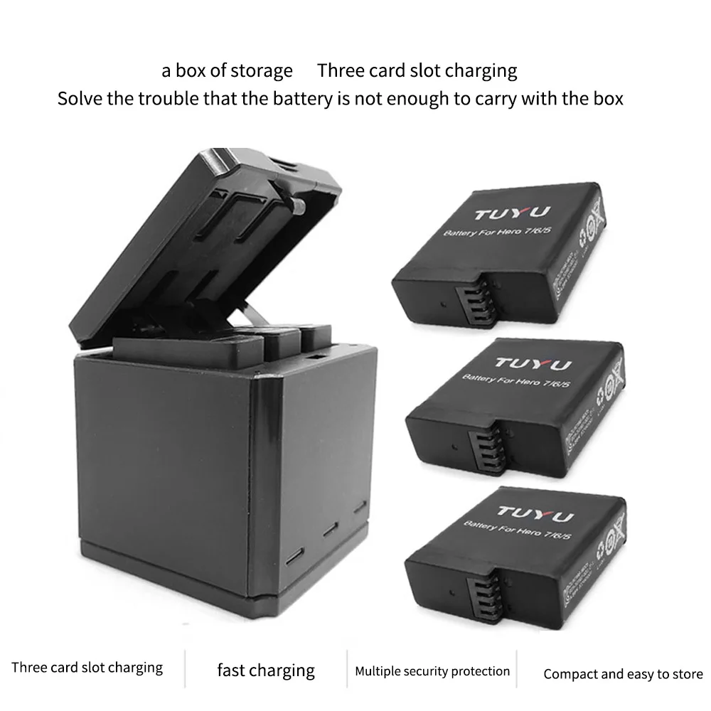 Высококачественное зарядное устройство TUYU с тремя USB-портами и батареей для Gopro