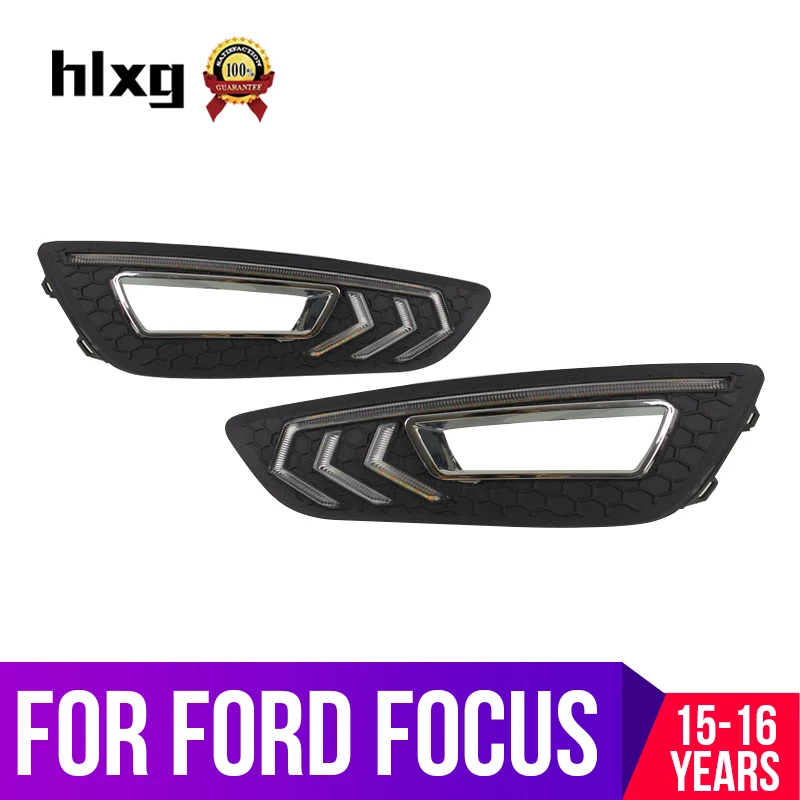 Hlxg DRL для Ford Foucs 2015 2016 светодиодный Габаритные огни противотуманной фары с желтым