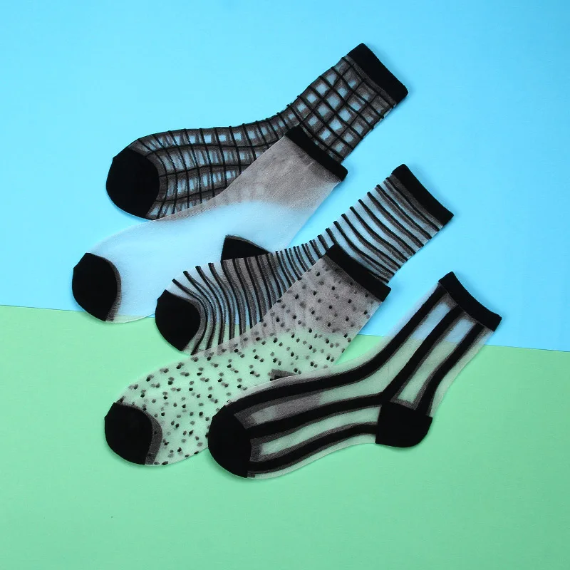 5pairs 5 пар в партии, прозрачные носки, женские летние Необычные кружевные носки, шелковое платье, одежда Harajuku, веселые забавные носки, сетчатые прозрачные носки - Цвет: 5pairs