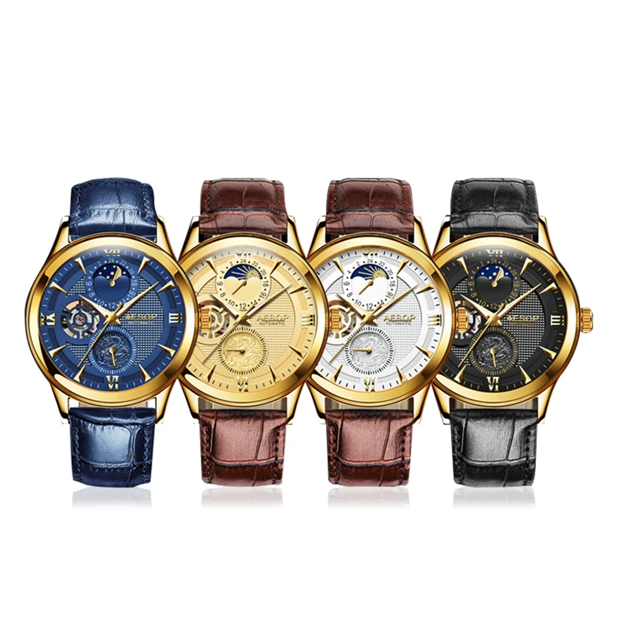 Механические часы AESOP Auotmatic мужские с черным кожаным ремешком и золотым корпусом