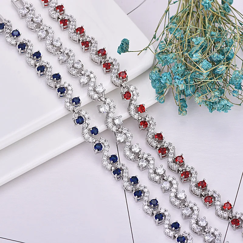 S образный браслет цепочка с синим белым красным кристаллом циркониевым камнем
