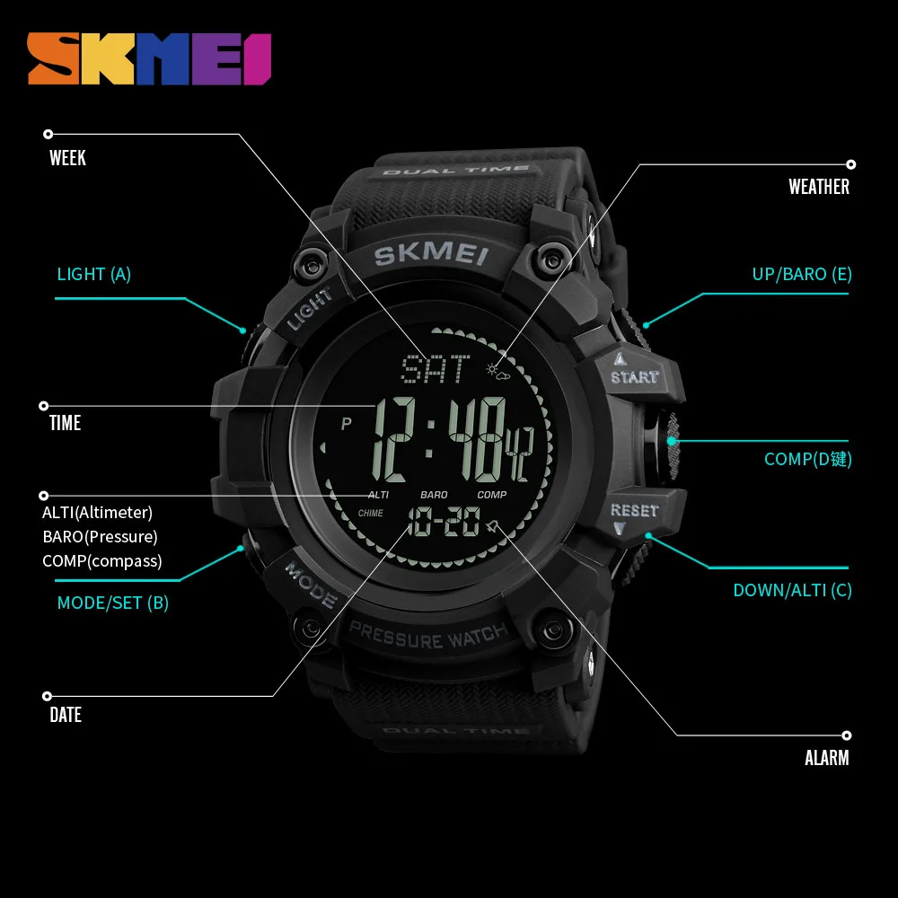 SKMEI мужские часы спортивные с обратным отсчетом давления компасом будильником