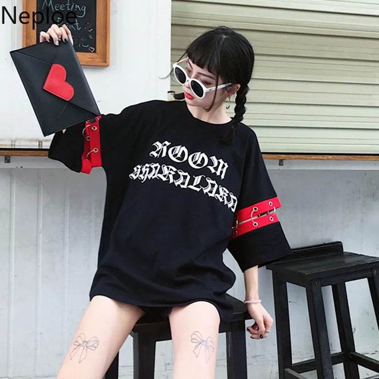 Neploe летняя черная женская футболка японский Harajuku Готический Стиль Повседневная футболка Топы с принтом букв кольцо дизайн женские футболки 39063