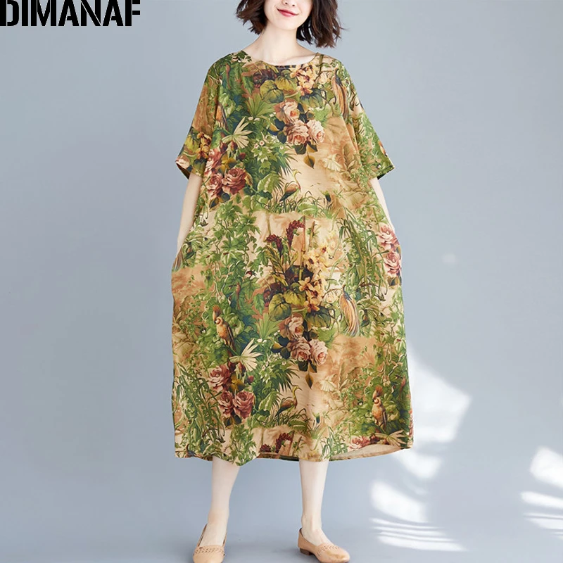 DIMANAF, женское платье большого размера, летнее, большой размер, пляжный стиль, свободное, для девушек, Vestidos, Повседневное платье с цветочным принтом,, женская одежда, 6XL