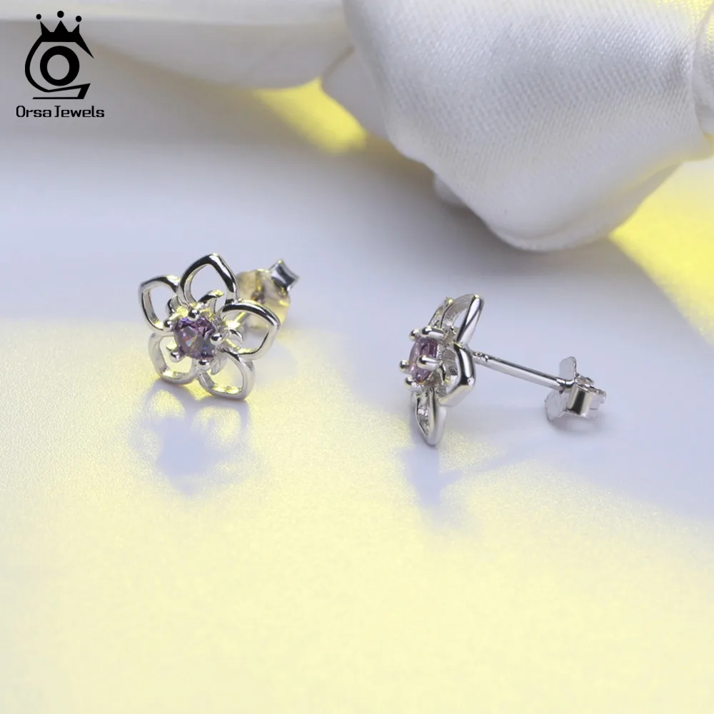 ORSA JEWELS, однотонные 925 пробы, серебряные ювелирные наборы, выдолбленный цветочный дизайн с фиолетовым AAA CZ, вечерние ожерелья, серьги, SS22-P
