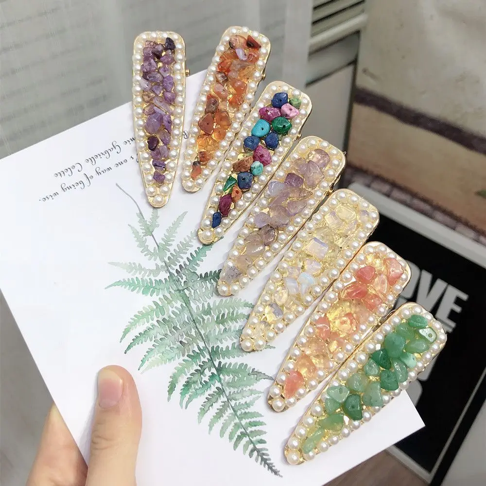 New Summer Fresh Green Purple Orange Colorful Stones Pearls Hair Clip For Women Korean Barrettes Accessories Pearl Hairpins | Красота и