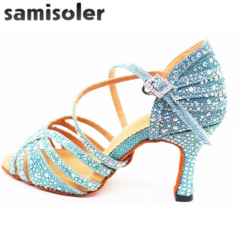 Samisoler/Синие стразы; Обувь для бальных танцев; женская обувь для сальсы; Женская Профессиональная Обувь для танго; обувь для латинских танцев; стильная обувь на высоком каблуке