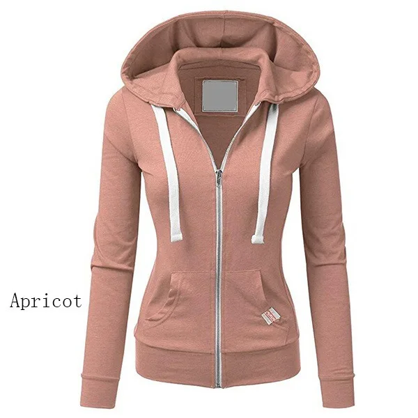 apricot hoodie Застегивать Худи Молния Карманы Женщина Свитшот Спортивная Кофта Зимнее Облегающее Стройный Кофта С Капюшоном Одноцветный Сплошной Цвет Милый Розовый Простой Черный Толстовка Капюшон Шнурок Длинная Линия - Цвет: apricot hoodie