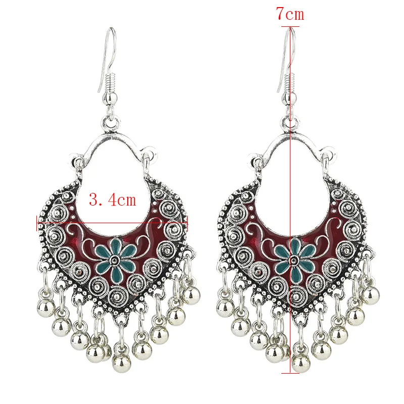 Vintage Heart Beads Tassel Drop Earrings for Women Bohemia Ethnic Antique Silver Color Flower Carved Pendant Earring Jewelry | Украшения и