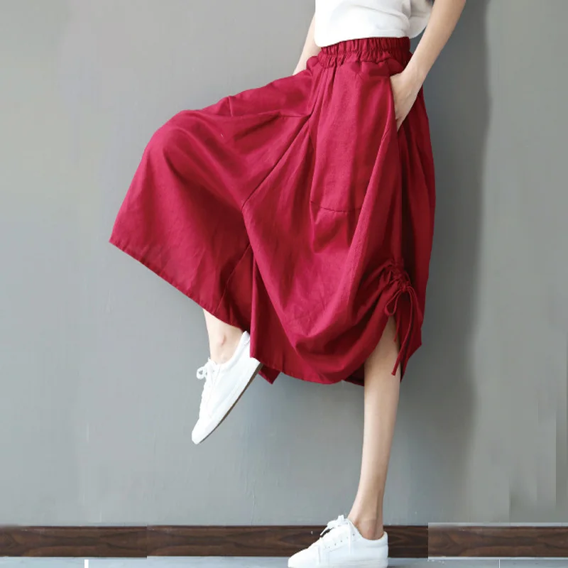 Брюки женские хлопково-льняные до икры повседневные свободные штаны-султанки