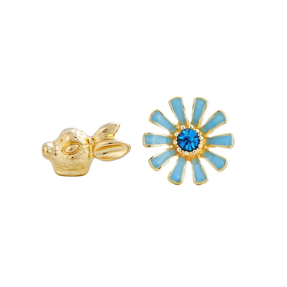 Asymmetric Enamel Pink Blue Flower Rabbit Stud Earrings Sweet Cute Alloy Gold Color Small for Women Girls Gifts | Украшения и