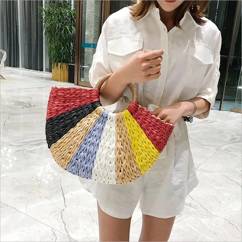 Простая соломенная круглая женская сумка на плечо ручной работы тканая богемная