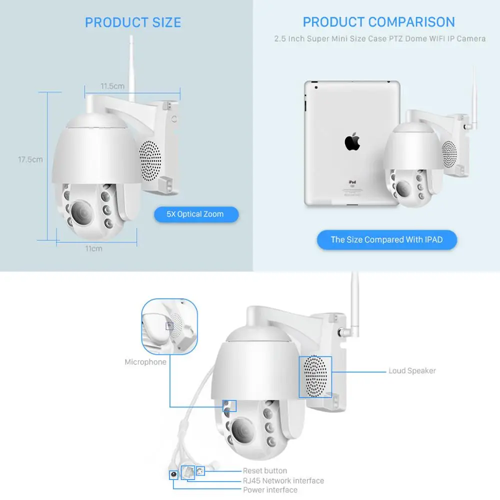 2 шт) Мини 2,5 дюймов PTZ скоростной купол wifi ip-камера 1080P открытый 5X зум/4 мм фиксированный объектив Беспроводная камера IR 60 м двухстороннее аудио