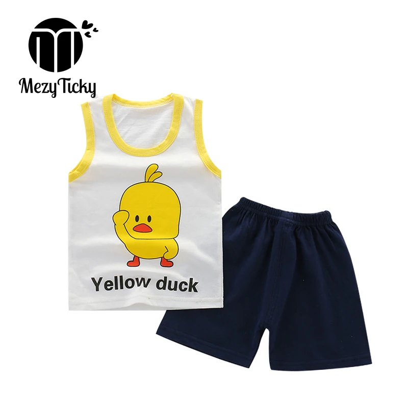Children Cartoon Sleeveless Vest + Shorts 2pce Set Baby Girls Cotton Yellow Duck colthes Kids Boys Casual Outdoor Clothing sets | Детская