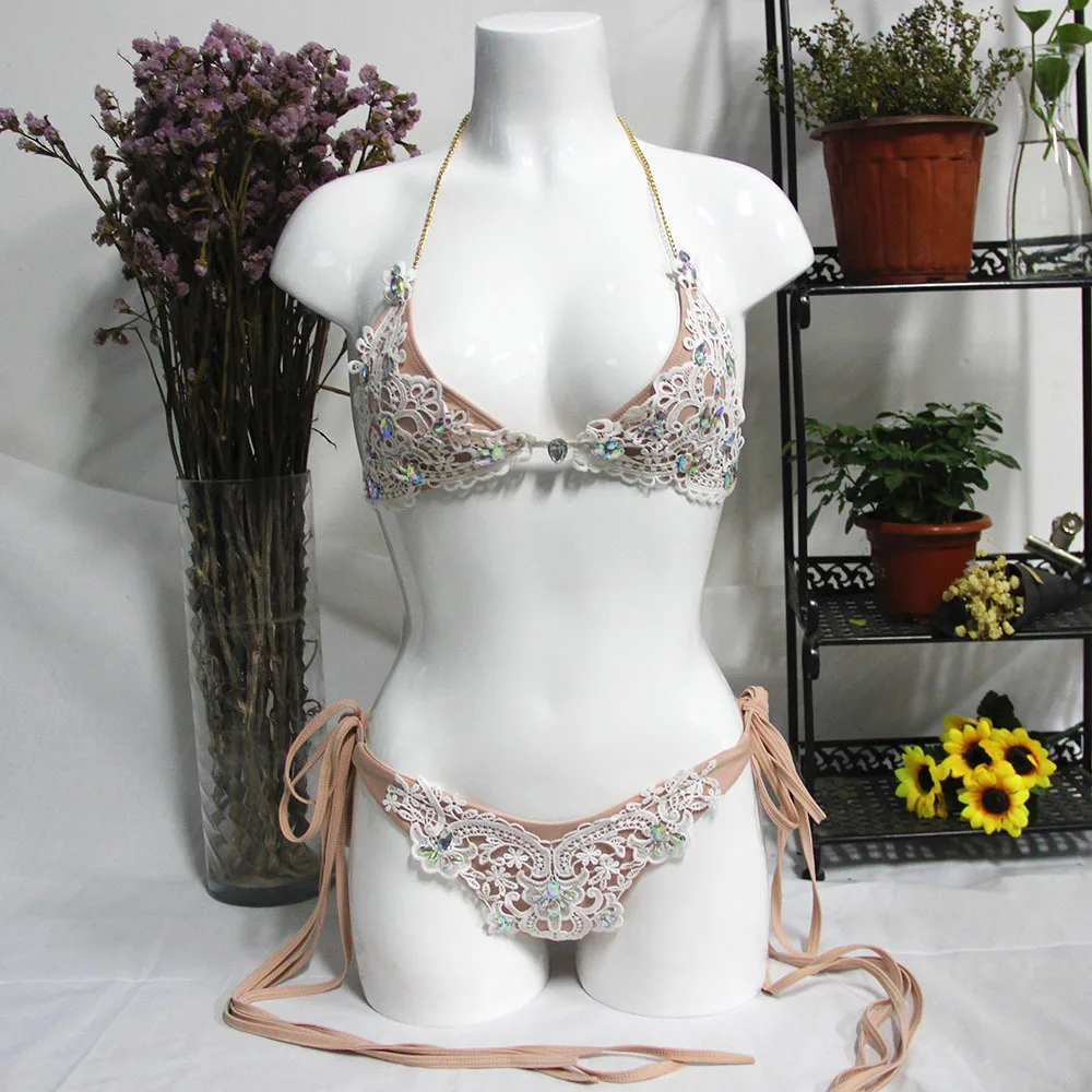 

AIUJXK Fashion Rhinestone Lace Patchwork String Bikini For Women Summer Metal Strap Halter 2 Piece Swimsuit Female Sexy Swimwear