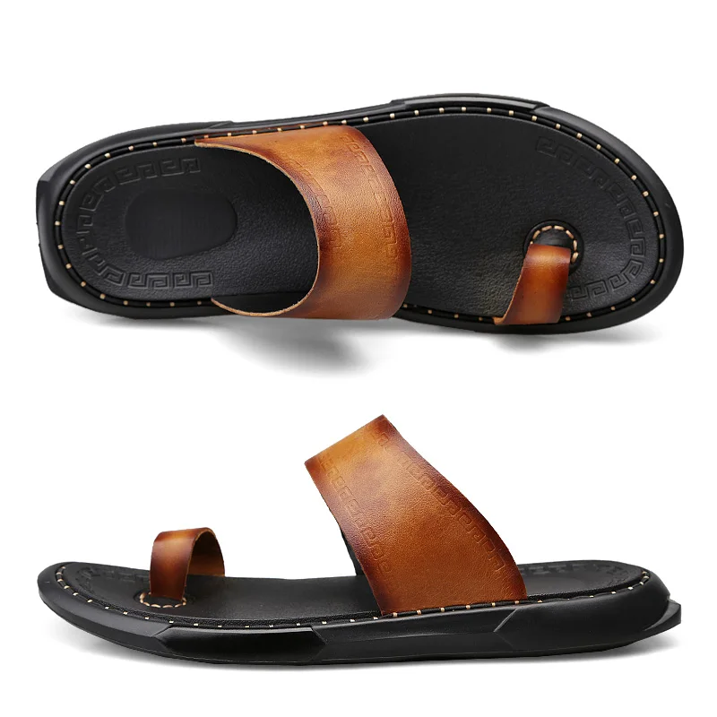 Мужские Пляжные Тапочки из коровьей кожи модные шлепанцы с мягкой подошвой