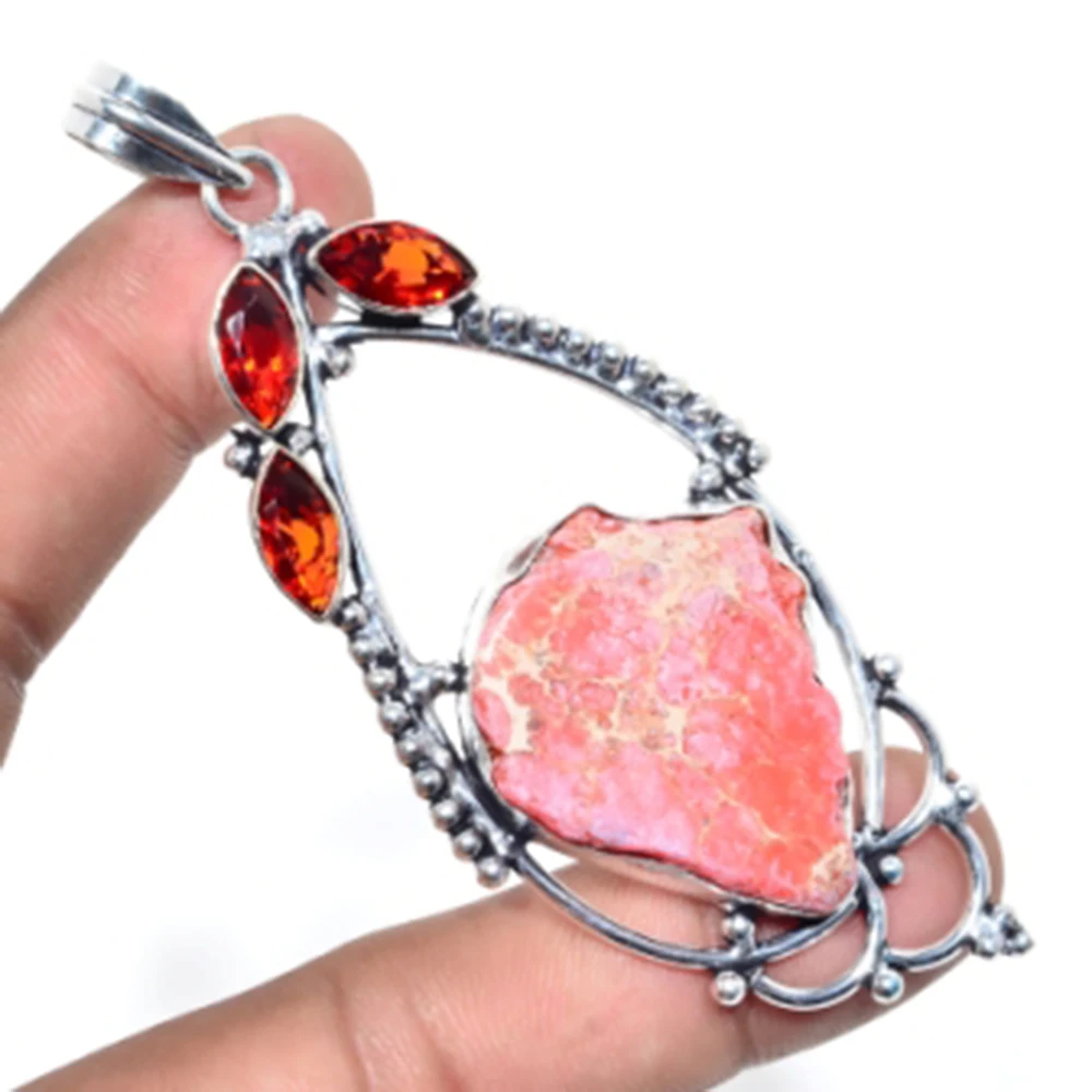 

Sea Sediment Jaspers,Garnets Pendant Silver Overlay over Copper, USA Size 92 mm , P5720