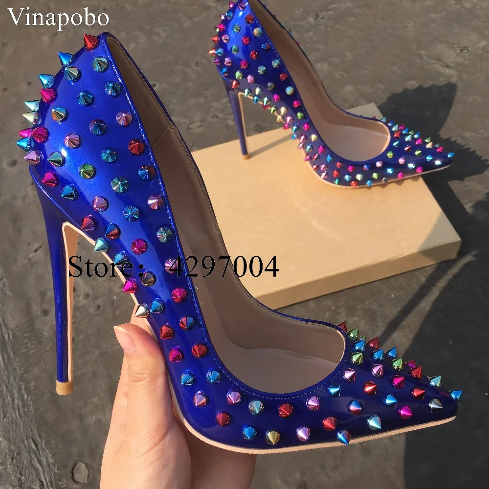 Классические женские туфли-лодочки с заклепками Роскошные Синие туфли на