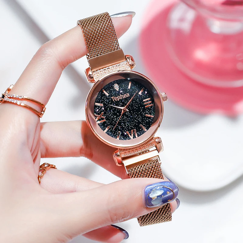 Роскошные часы из розового золота Женские модные бриллиантовые дамские звездное