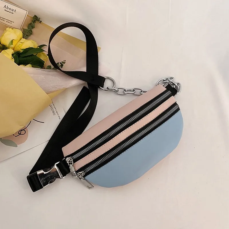 [BXX] Women's Single Shoulder Crossbody Bag All-match Flap Fashion Female Chest Package Wide Straps Chain Waist Bag HF745 - Цвет: pink with blue