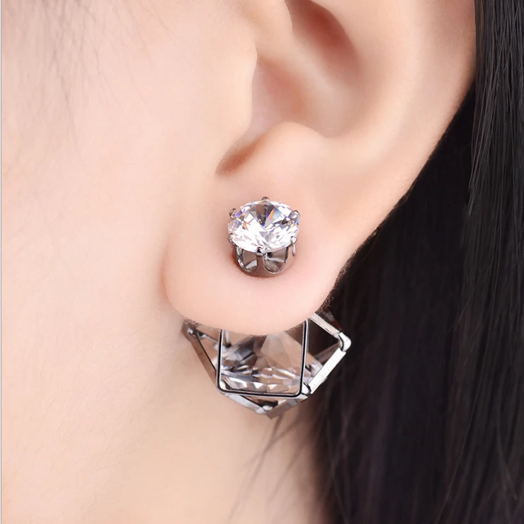 

HIBRIDE Fashion Black Gun Plated Stud Earrings for Women Geometric Double Side Earrings Hollow Out Front/Back Earrings E-251