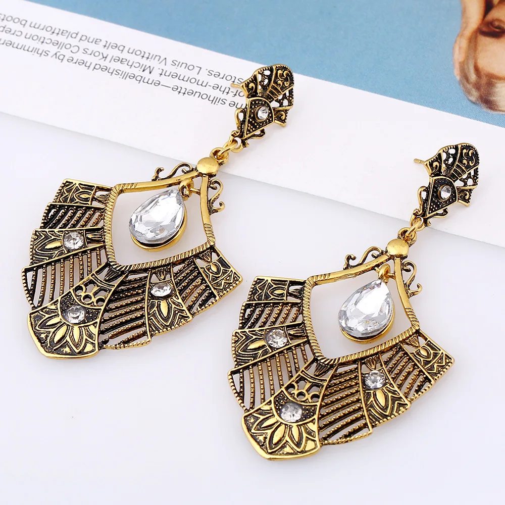Ethnic Hanging Long Crystal Flower Vintage Womens Fashion Drop Earrings Silver Color Big Bohemian For Women Jewelry | Украшения и