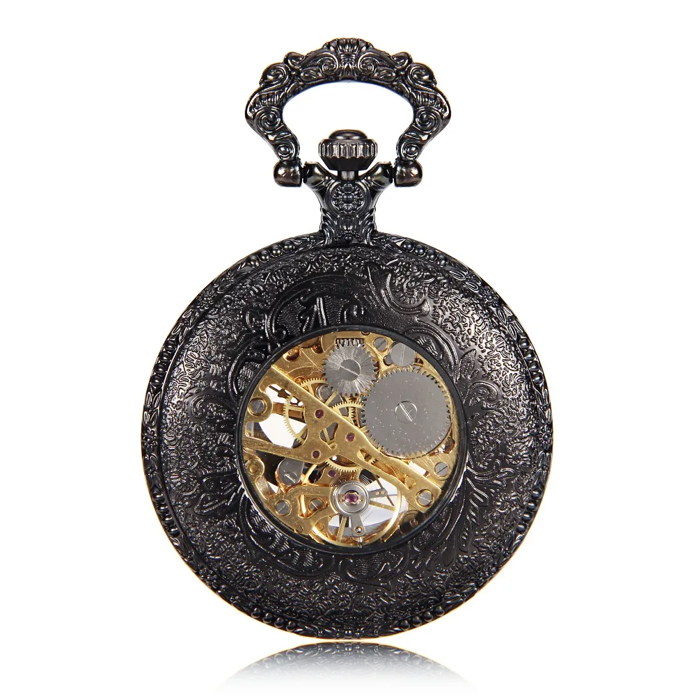 Стимпанк Скелет медсестры часы Механический черный Открытый циферблат Relogio де