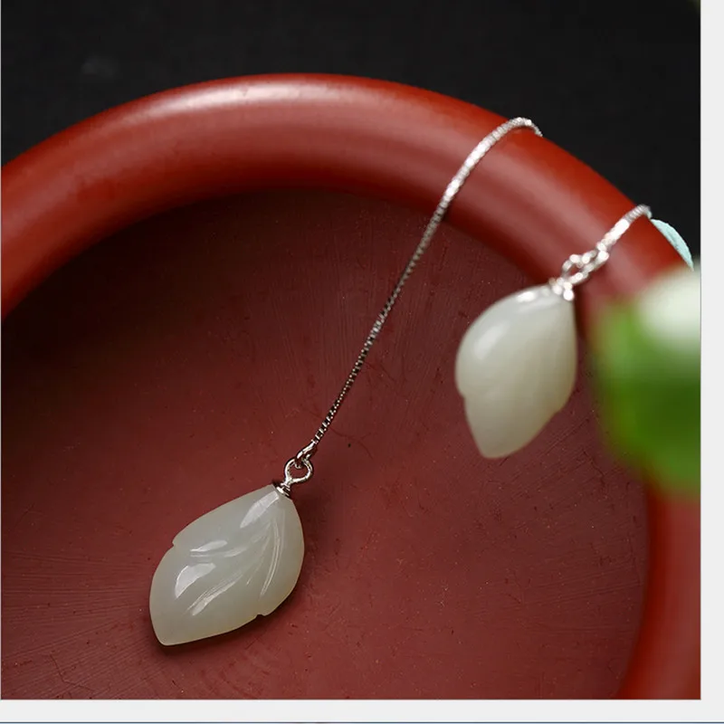 

Uglyless S 925 Sterling Silver Natural White Jade Handmade Leaves Earrings Romantic Elegant Women Dress Ear line Brincos Bijoux