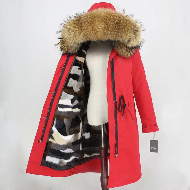 OFTBUY X-длинное пальто с натуральным мехом, зимняя куртка, Женская парка с натуральным мехом, подкладка из меха норки, воротник из меха енота и лисы, капюшон, теплая уличная одежда - Цвет: red natural